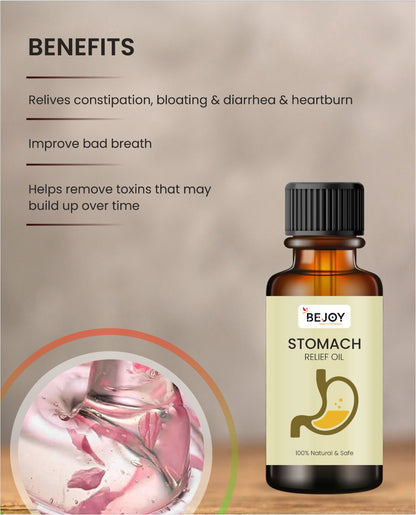 Bottle of 16182 Stomach Relief Oil, a pain relief ointment for stomach discomfort, with a white label and dropper cap.
