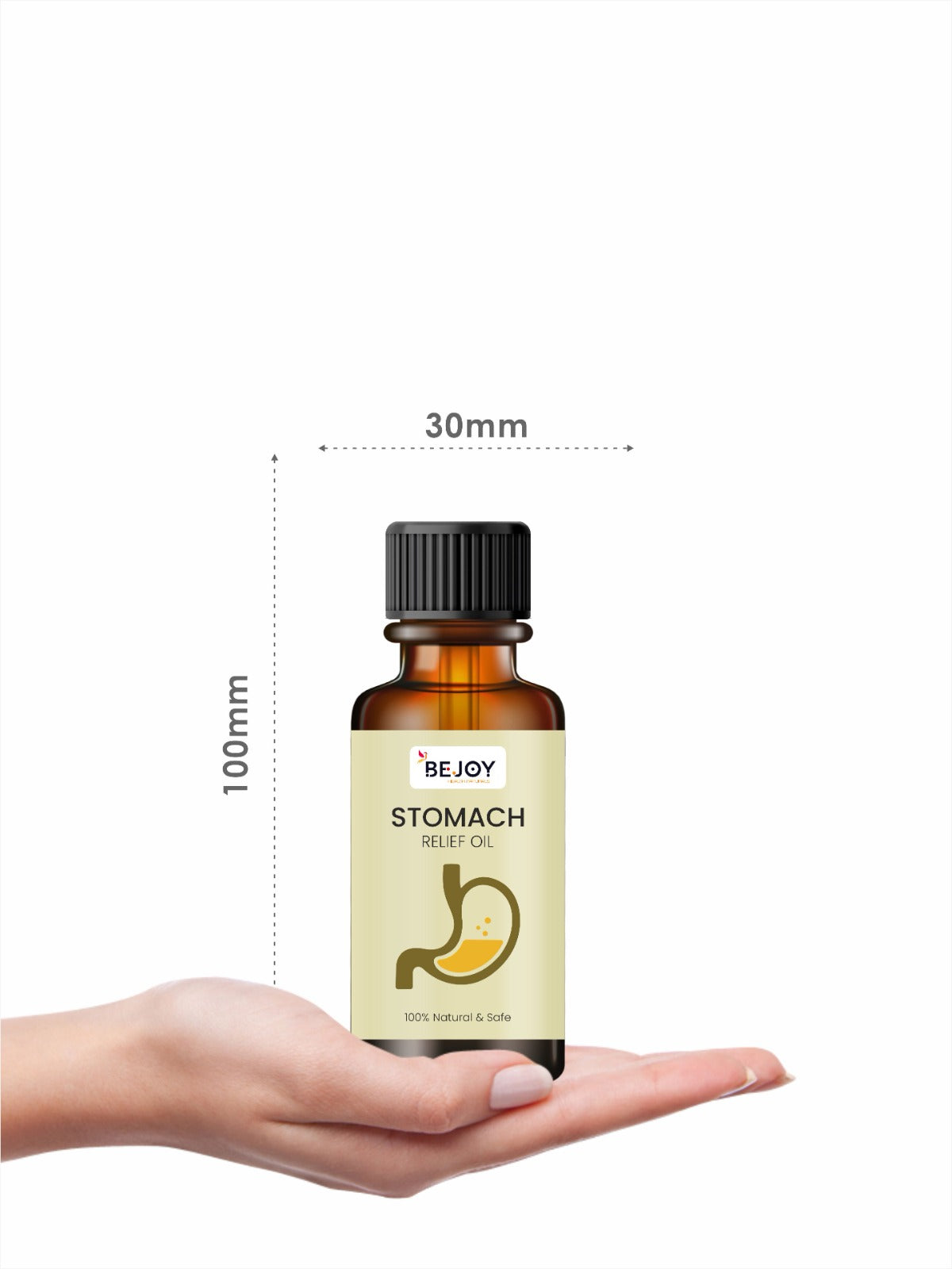 Bottle of 16182 stomach relief oil, pain relief ointment for stomach discomfort, with a white cap and label visible.