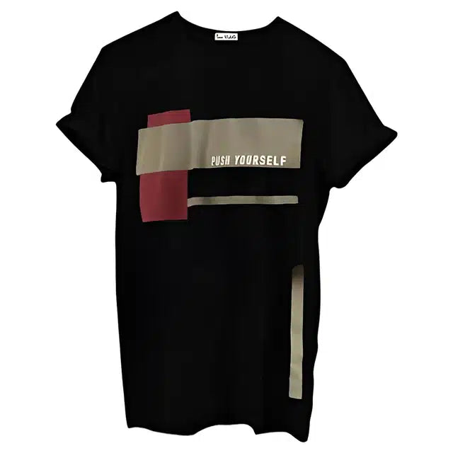 Black men's round neck T-shirt by 1634, size large, casual fit, made from soft cotton fabric.