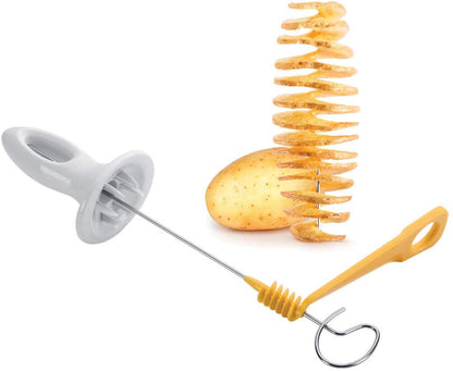 Stainless steel tornado potato spiral cutter with four spits, manual twist slicer for potatoes, fruits, and vegetables in a kitchen.