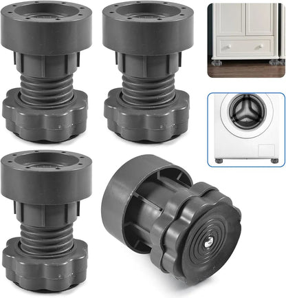 Grey height adjustment washing machine stand with anti-vibration pads and shock absorber for stabilizing washing machines.