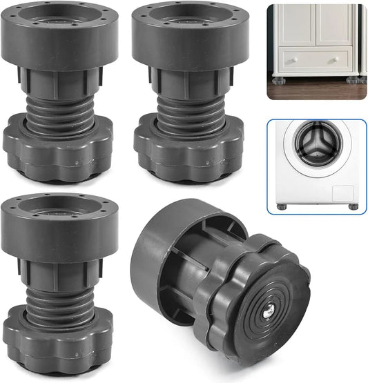 Grey height adjustment washing machine stand with anti-vibration pads and shock absorber for stabilizing washing machines.