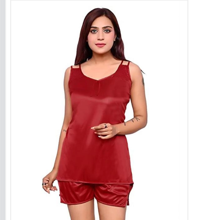 Red satin nightdress set for women, M size, featuring a smooth, silky fabric and elegant design, ideal for comfortable sleepwear.