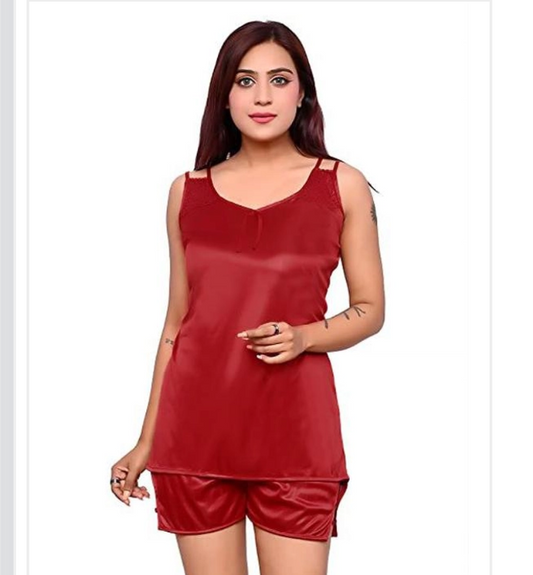 Red satin nightdress set for women, M size, featuring a smooth, silky fabric and elegant design, ideal for comfortable sleepwear.