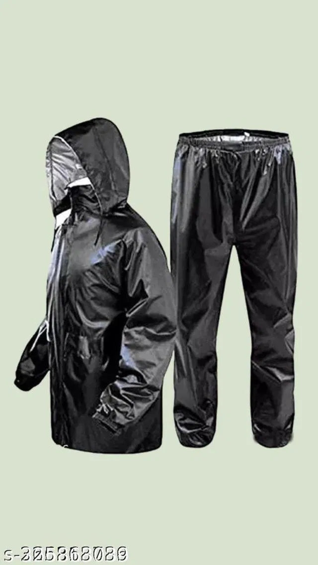 Black polyester rain coat for men, free size, waterproof weather protection, casual outdoor rainwear by 16824.