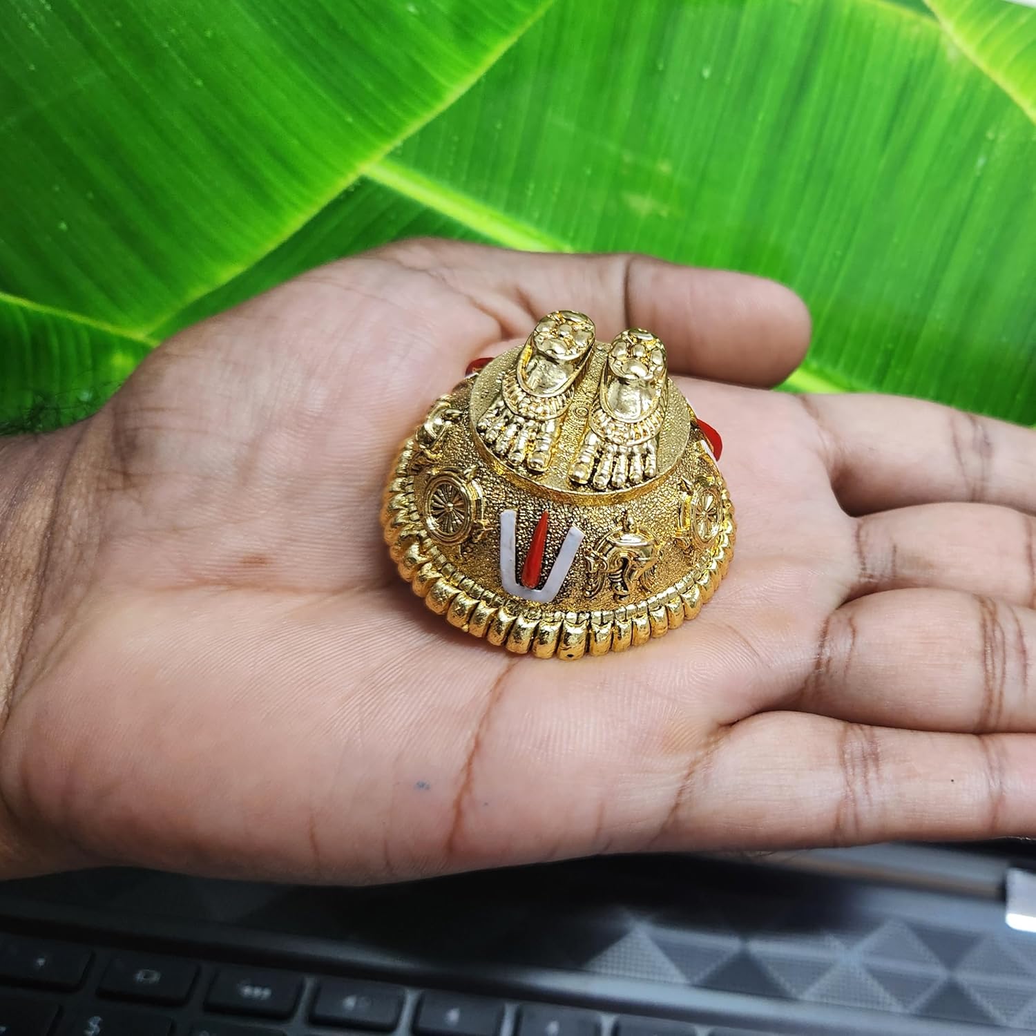 Gold plated Lord Balaji Charan Paduka idol with Shanku and Chakra, perfect for pooja room or car dashboard decoration.