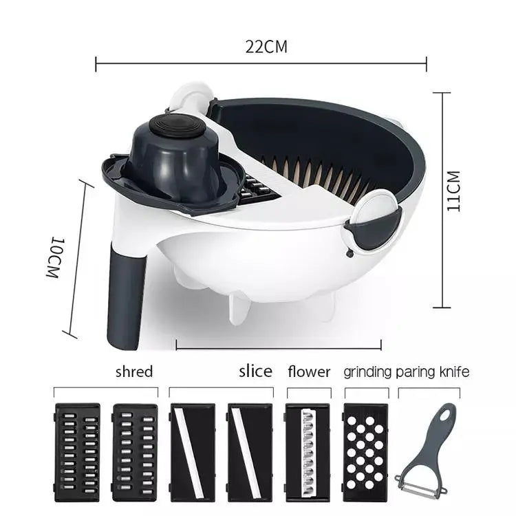 White AK Ultimate 9-in-1 wet basket veg cutter with drain basket, grater, slicer, and multi-function vegetable and fruit cutter.