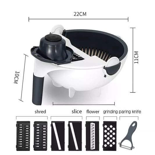 White AK Ultimate 9-in-1 wet basket veg cutter with drain basket, grater, slicer, and multi-function vegetable and fruit cutter.