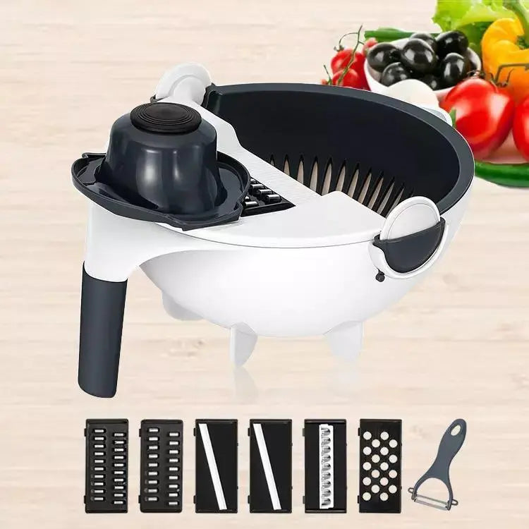 Ak Ultimate 9-in-1 wet basket veg cutter with drain basket, vegetable grater, and slicer in white for versatile kitchen prep.