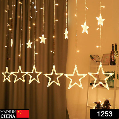 Wukusy 1253 12 Stars curtain string lights with flashing modes, ideal for window decoration and festive home decor.