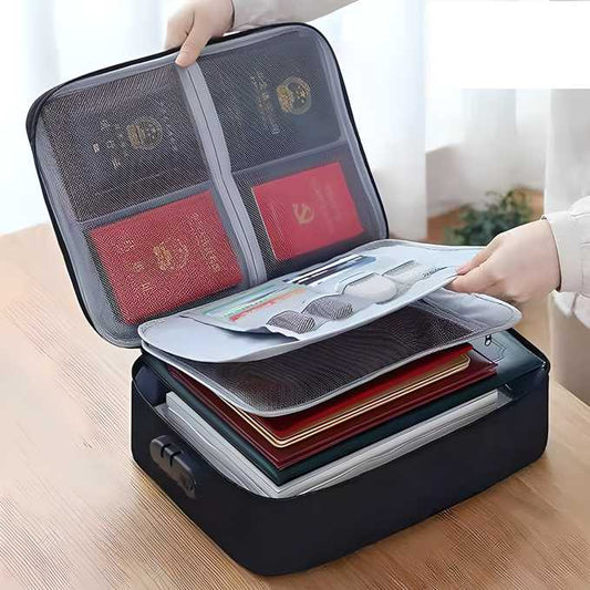 Waterproof portable document storage bag in assorted colors, ideal for travel and office file organization.