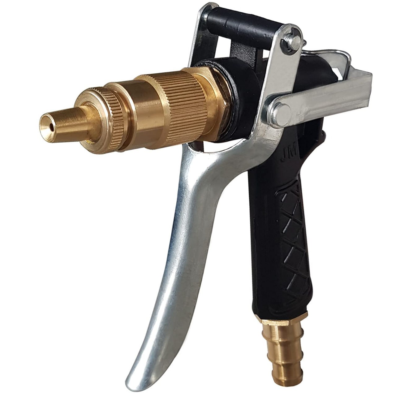 Metal trigger brass hose nozzle by 18052, water spray gun with adjustable spray pattern and durable metal construction.