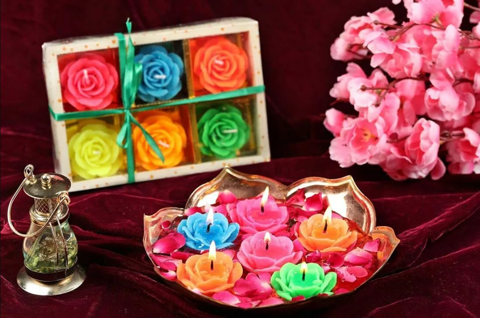 Six floating smokeless Diwali diyas with wax flowers, dripless and long-lasting, for decorative Diwali diya and lantern display.