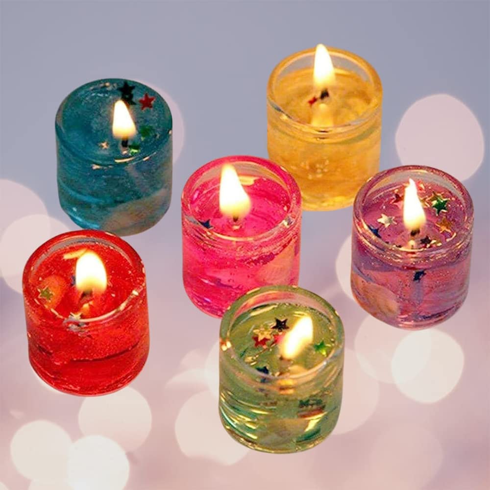 Six romantic glass jelly gel candles with tealight holders, decorative gel wax candles for parties and romantic decor