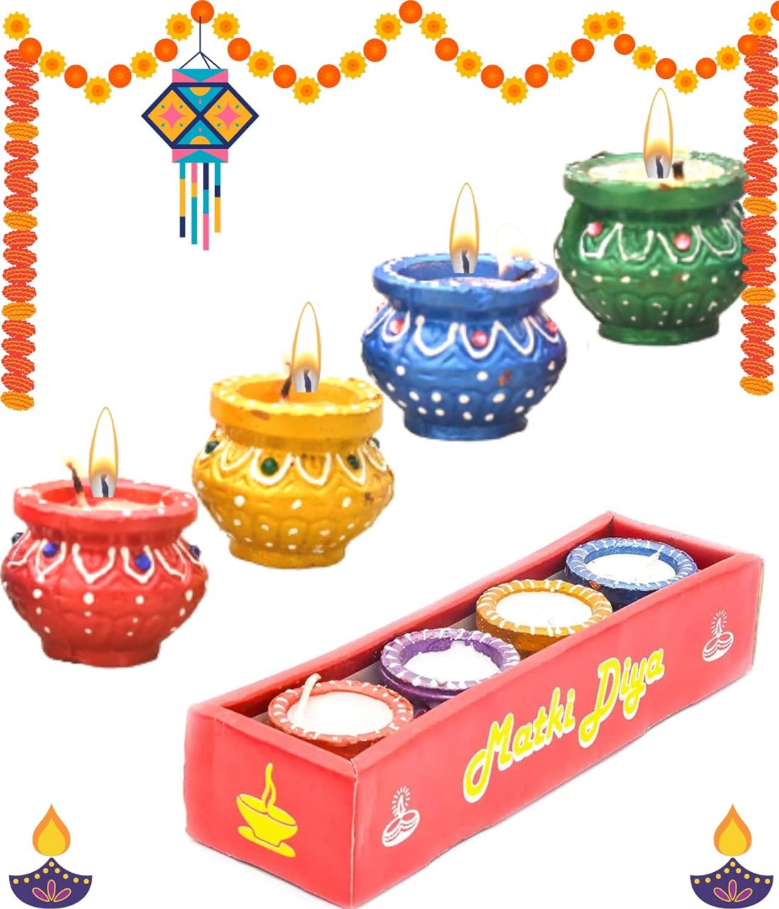 Set of four Matka Diya candles from 18076, traditional diyas with decorative clay pots for festive lighting.