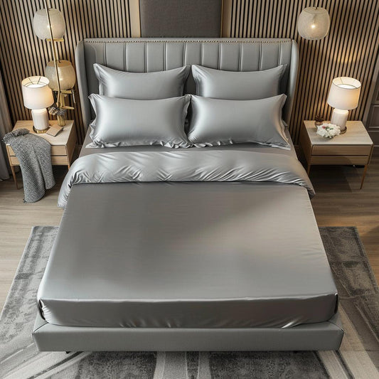 Grey satin fitted bedsheet with elastic edges and two matching pillow covers, premium quality by 18214.