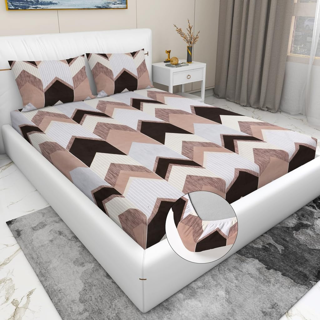 White, grey, and black cotton elastic king bedsheet with 2 pillow covers, 160 TC, from brand 18214, shown on a bed.