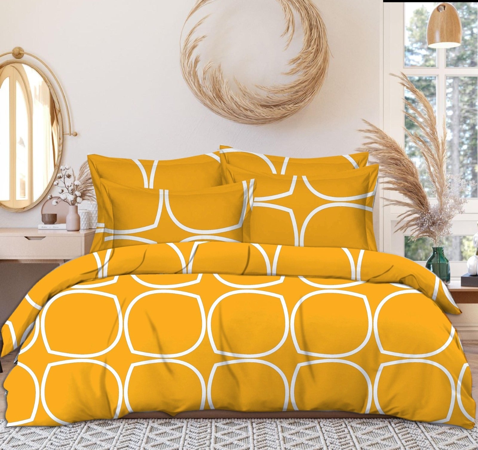 Yellow cotton elastic king bedsheet with 2 pillow covers, 160 TC, from 18214, showing smooth fabric and matching pillowcases.