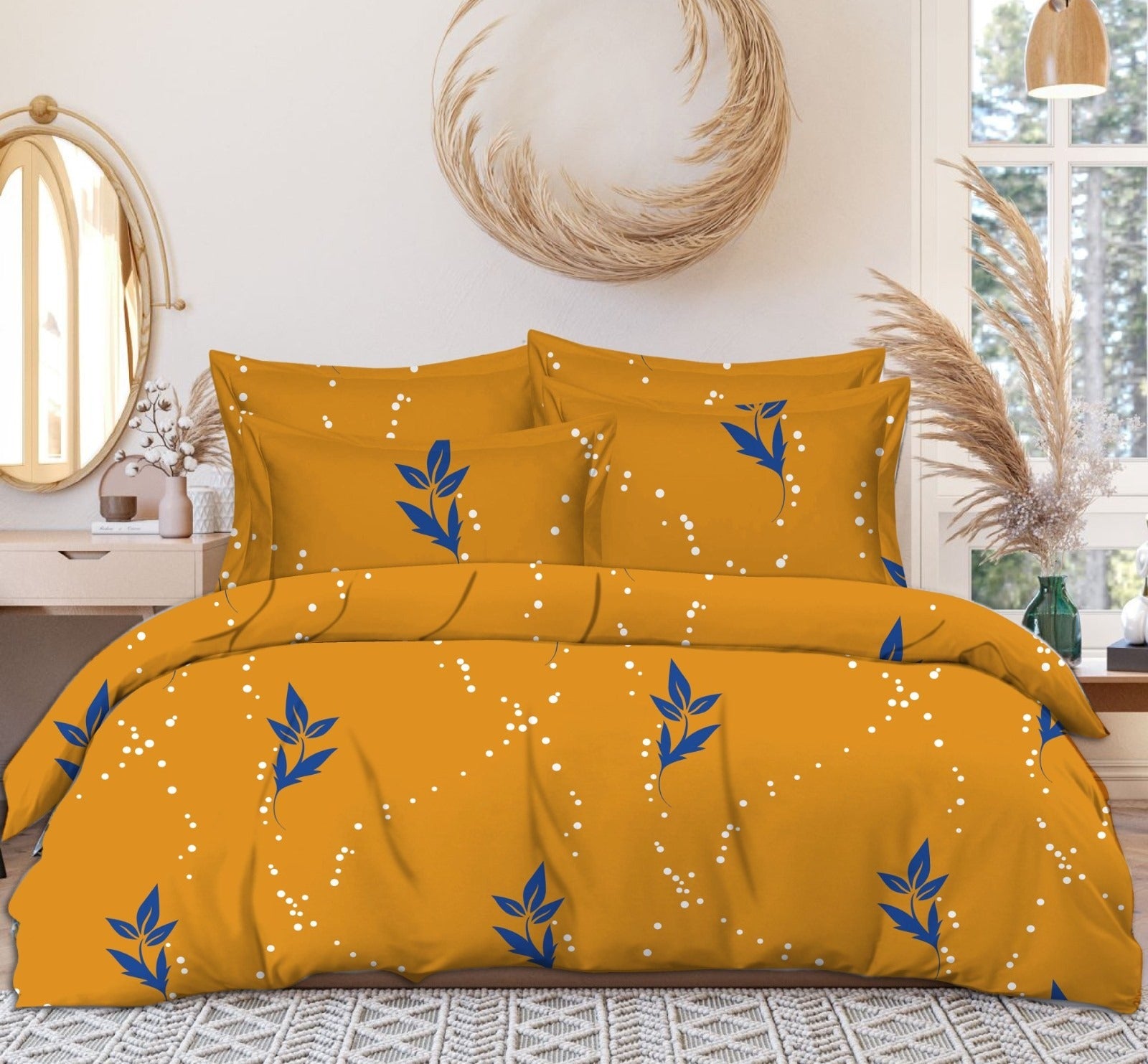 Yellow cotton elastic king bedsheet with 2 matching pillow covers, 160 TC, from the 18214 brand.