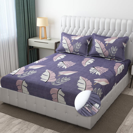 Purple cotton elastic king bedsheet with 2 matching pillow covers, 160 TC for comfortable, stylish bedroom decor.