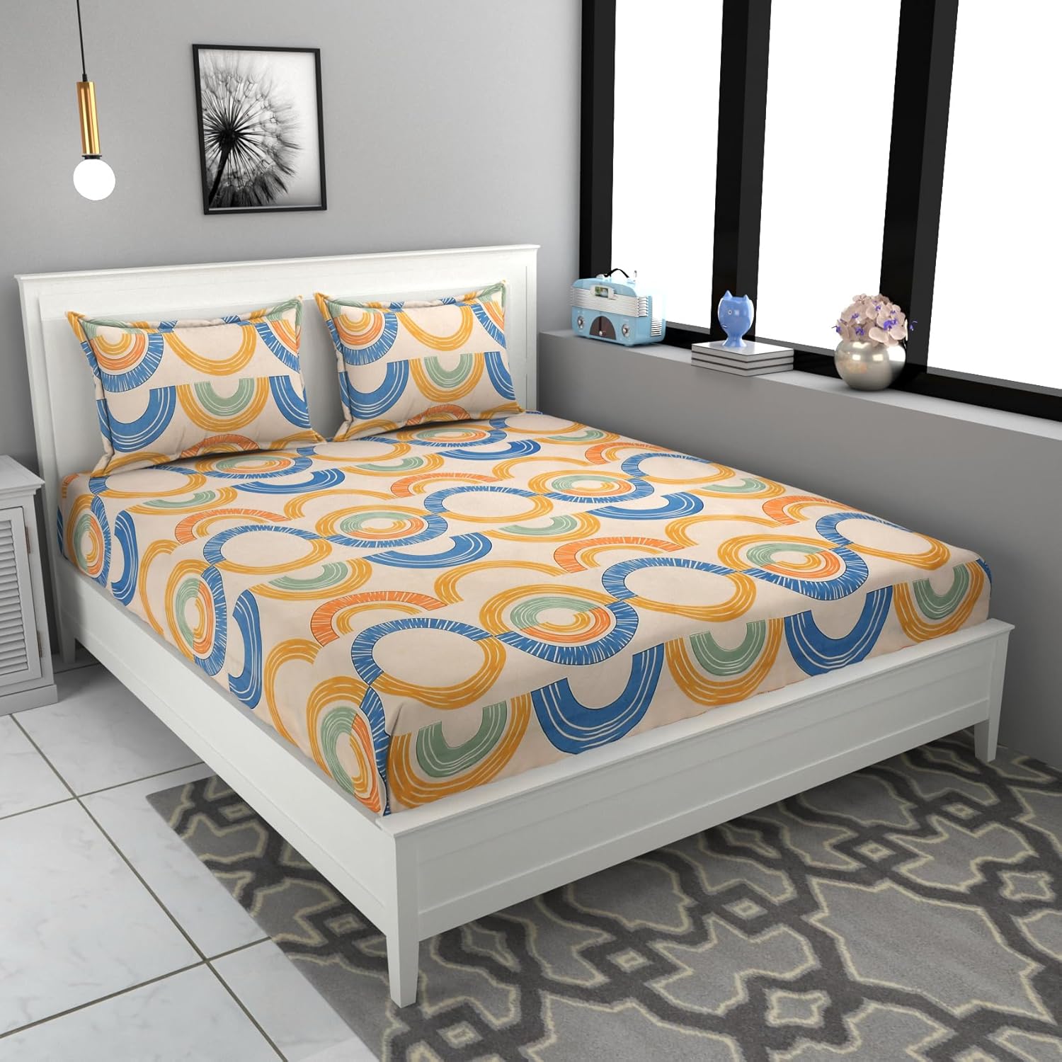 Orange and blue cotton king bedsheet with elastic edges and two pillow covers, 160 TC, from brand 18214.