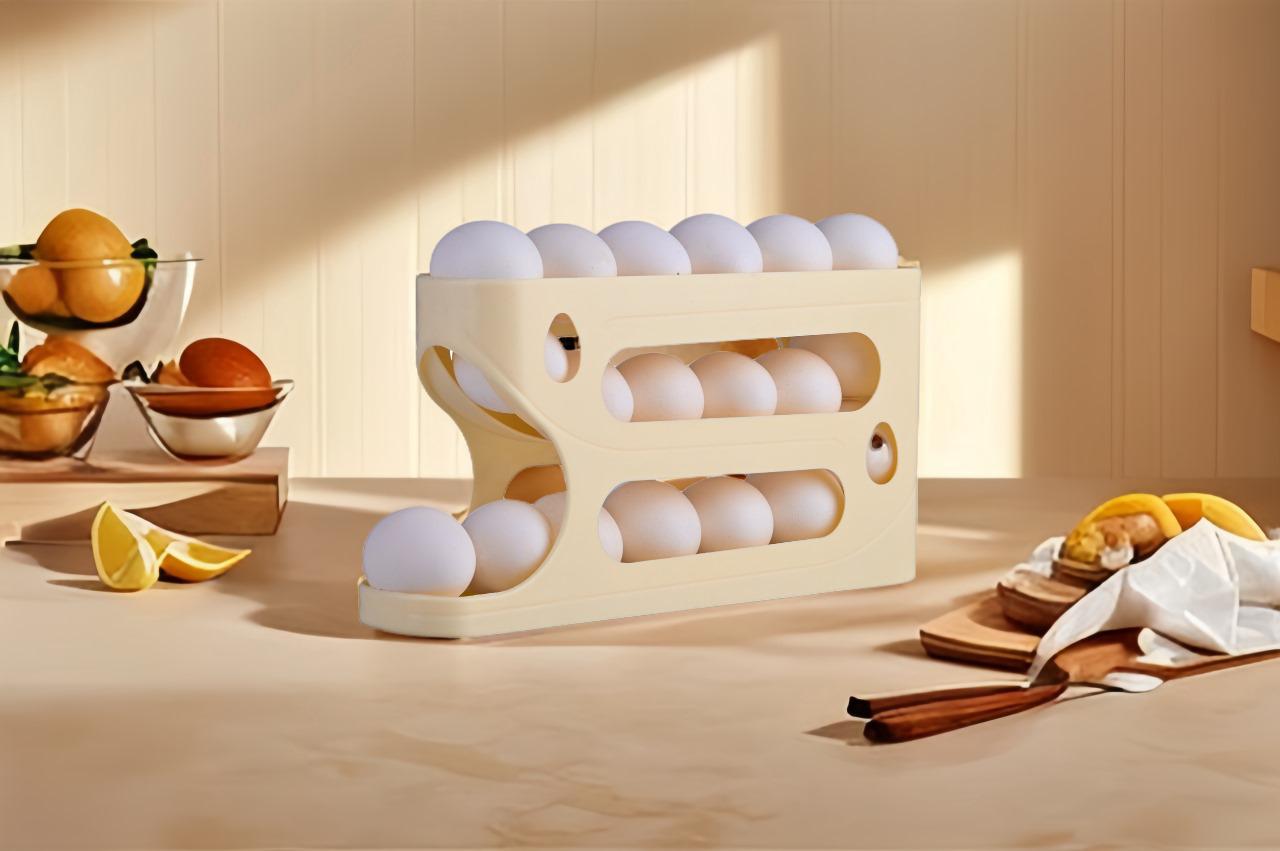 Durable 18242 rolling egg and lemon dispenser with space-saving three-layer plastic rack for 18-24 eggs, ideal for fridge or pantry storage.