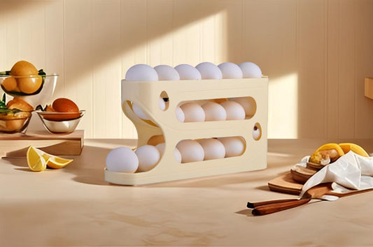 Durable 18242 rolling egg and lemon dispenser with space-saving three-layer plastic rack for 18-24 eggs, ideal for fridge or pantry storage.