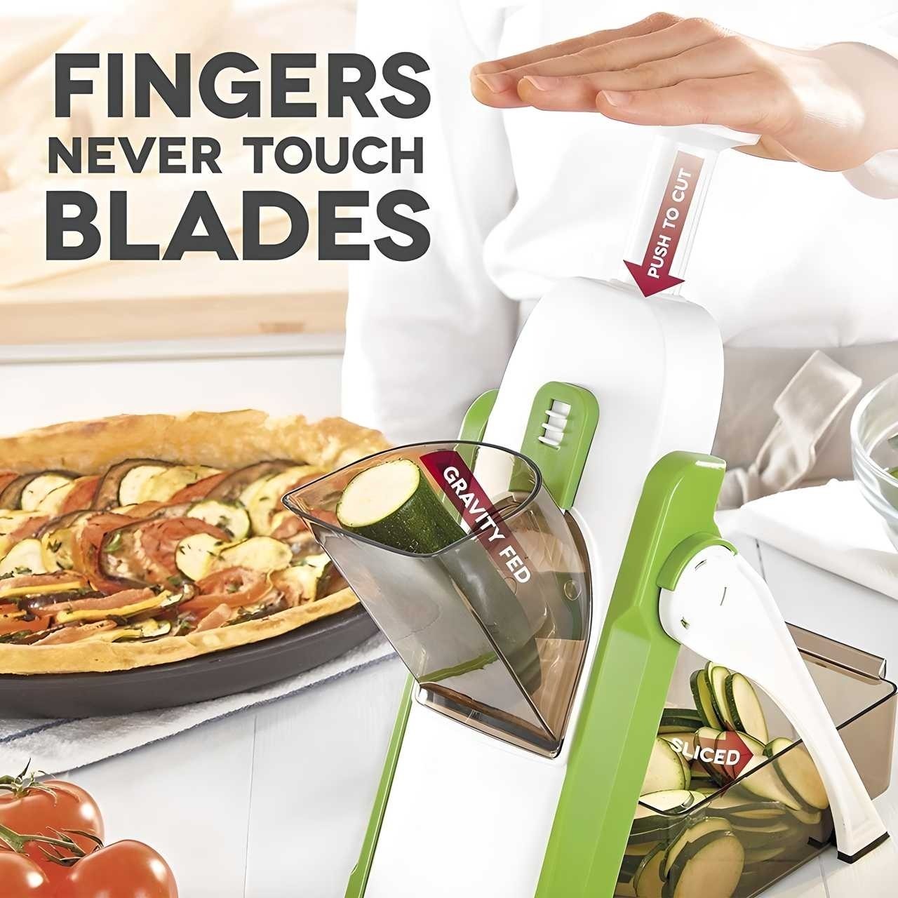 Vegetable slicer and grater with adjustable thickness, stainless steel blades, and ergonomic handle for meal prep.