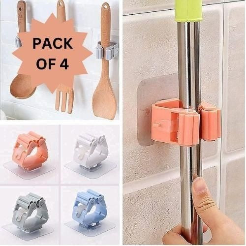 Pack of 4 adhesive wall hooks from 18287, ideal for hanging mops and cleaning tools on smooth surfaces.