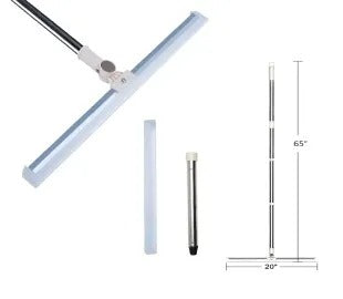 20-inch silicone floor squeegee with 65-inch telescopic stainless steel handle for window and shower cleaning.