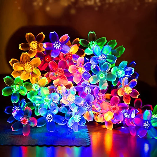 Multicolor flower-shaped LED string lights for Diwali and Christmas, 30 or 40 LEDs, 8-mode color-changing with controller.