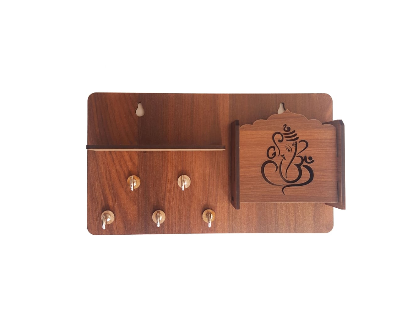 Wooden Ganesh key holder and phone stand by 18309, featuring intricate carvings and a functional design for keys and phone.