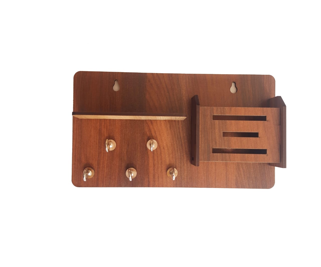 Wooden 3-line phone stand and keyholder by 18309, featuring multiple hooks for organizing keys and phone accessories.