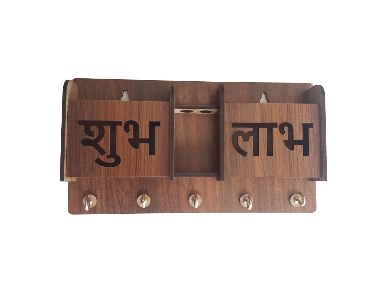Wooden key holder and phone stand by 18309 featuring Shubh Labh design with hooks for keys and a phone support surface.