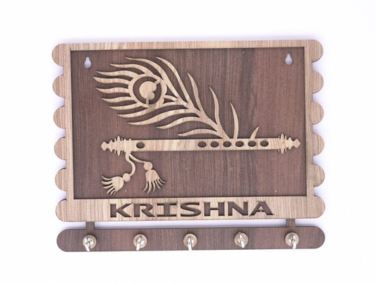 Decorative Krishna wooden keyholder with carved details, ideal for organizing keys and adding spiritual charm to your space.