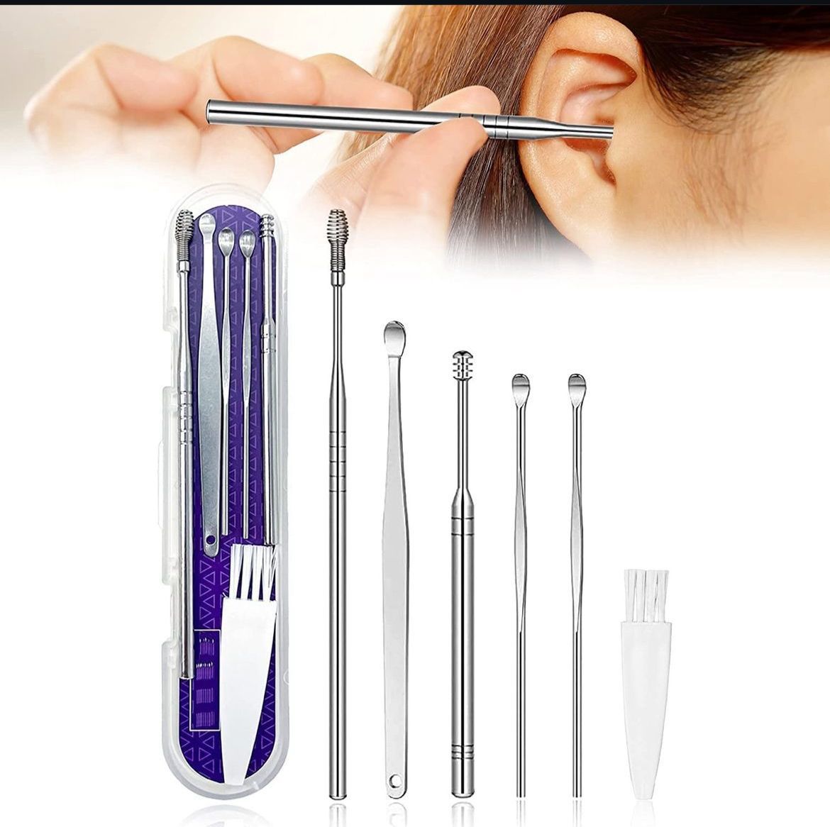 Six-piece stainless steel ear wax removal kit with double-headed tools, cleaning brush, storage box, suitable for kids and adults.