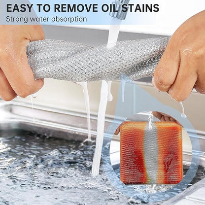 Pack of 10 stainless steel wire dishwashing rags for wet and dry cleaning, non-scratch dishcloths for sinks, counters, and dishes.