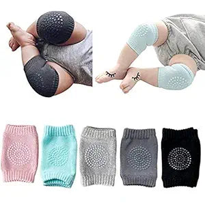 Multicolor baby knee pads for crawling, soft fabric, anti-slip design, toddler size, suitable for infants up to 2 years.