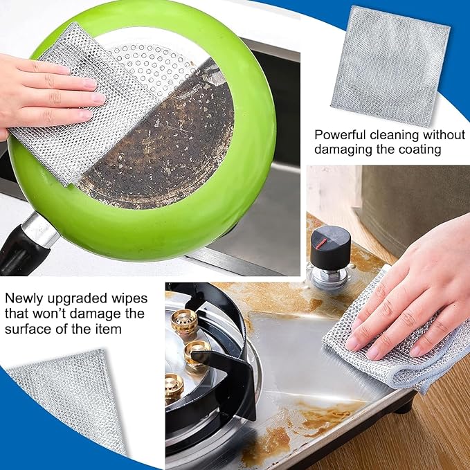 Pack of 10 stainless steel wire dishwashing rags for scrubbing dishes, sinks, and counters, washable and non-scratch.