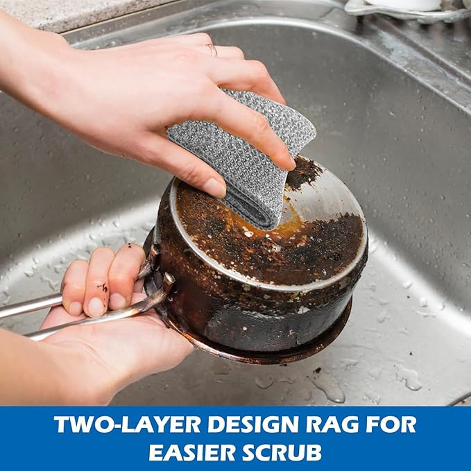 Pack of 10 stainless steel wire dishwashing rags for scrubbing dishes, sinks, and counters, machine washable and non-scratch.
