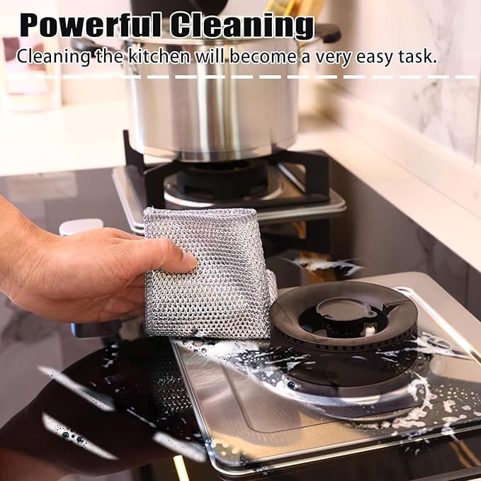 Set of 10 stainless steel wire dishwashing rags for washing dishes, sinks, and counters, durable and machine washable.