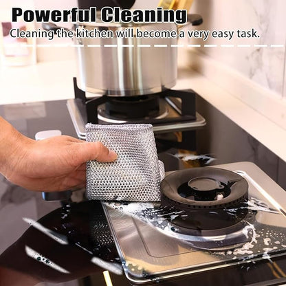 Set of 10 stainless steel wire dishwashing rags for washing dishes, sinks, and counters, durable and machine washable.