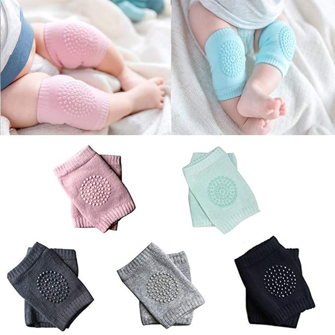 Soft fabric toddler knee pads for crawling, with anti-slip design, in multicolor, suitable for infants up to 2 years old.