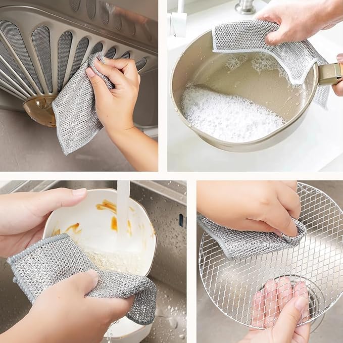 Set of 10 stainless steel wire dishwashing rags for wet and dry cleaning, non-scratch scrubbers for dishes, sinks, and surfaces.