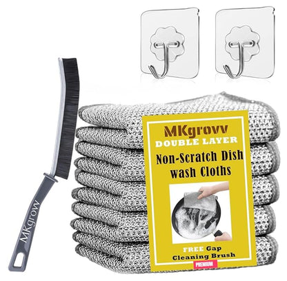 Set of 10 stainless steel wire dishwashing rags, non-scratch scrubbers for wet and dry cleaning of dishes, sinks, and counters.