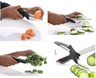 Multicolor 4-in-1 stainless steel multifunctional kitchen vegetable cutter with various blades for slicing, dicing, and chopping.