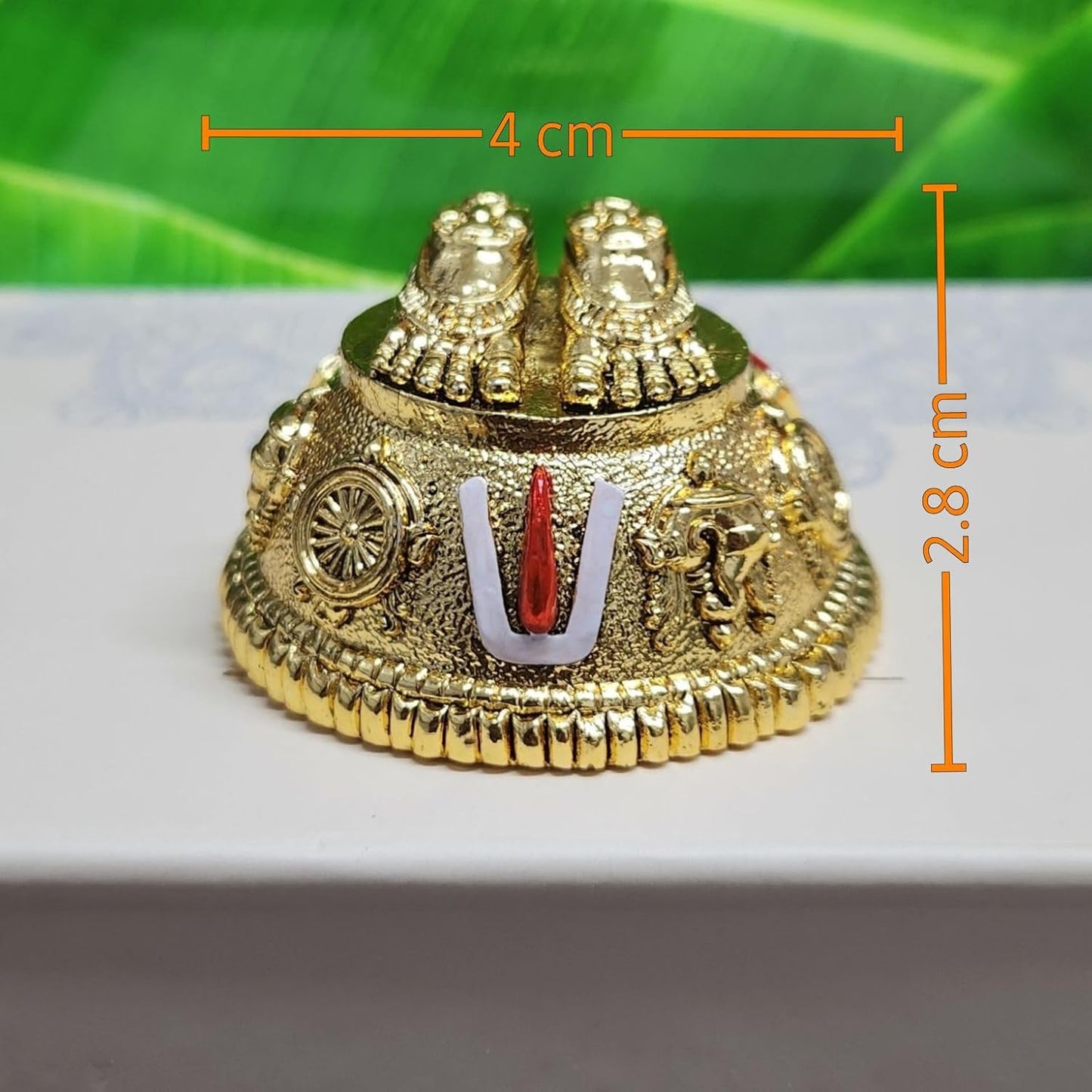 Gold plated Lord Balaji Charan Paduka idol with Vishnu symbols, antique finish, ideal for pooja room or car dashboard decor.