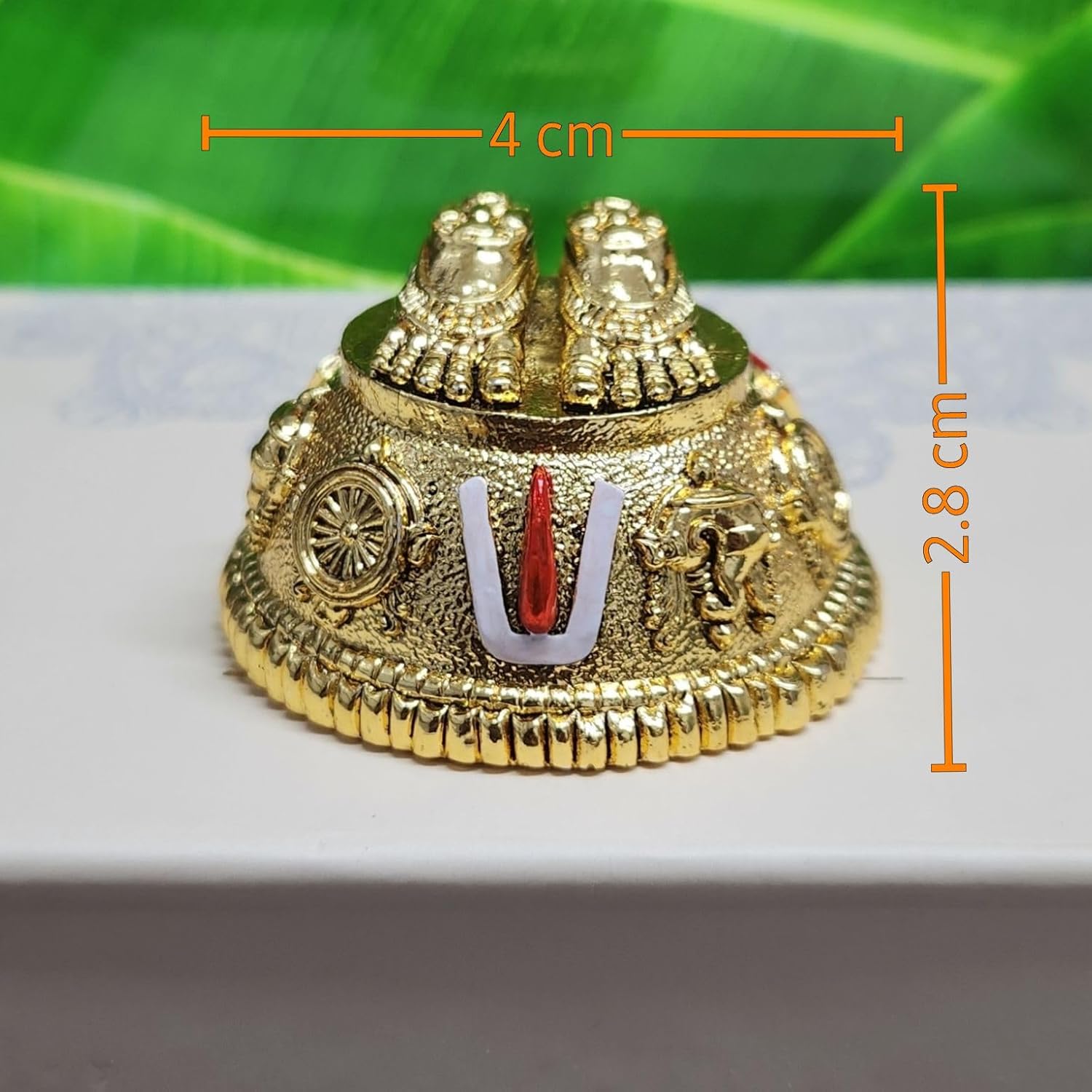 Gold plated antique Lord Balaji Vishnu Charan Paduka figurine with Shanku and Chakra, ideal for Pooja room or car dashboard decor.
