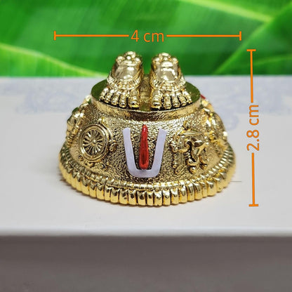 Gold plated antique Lord Balaji Vishnu Charan Paduka figurine with Shanku and Chakra, ideal for Pooja room or car dashboard decor.