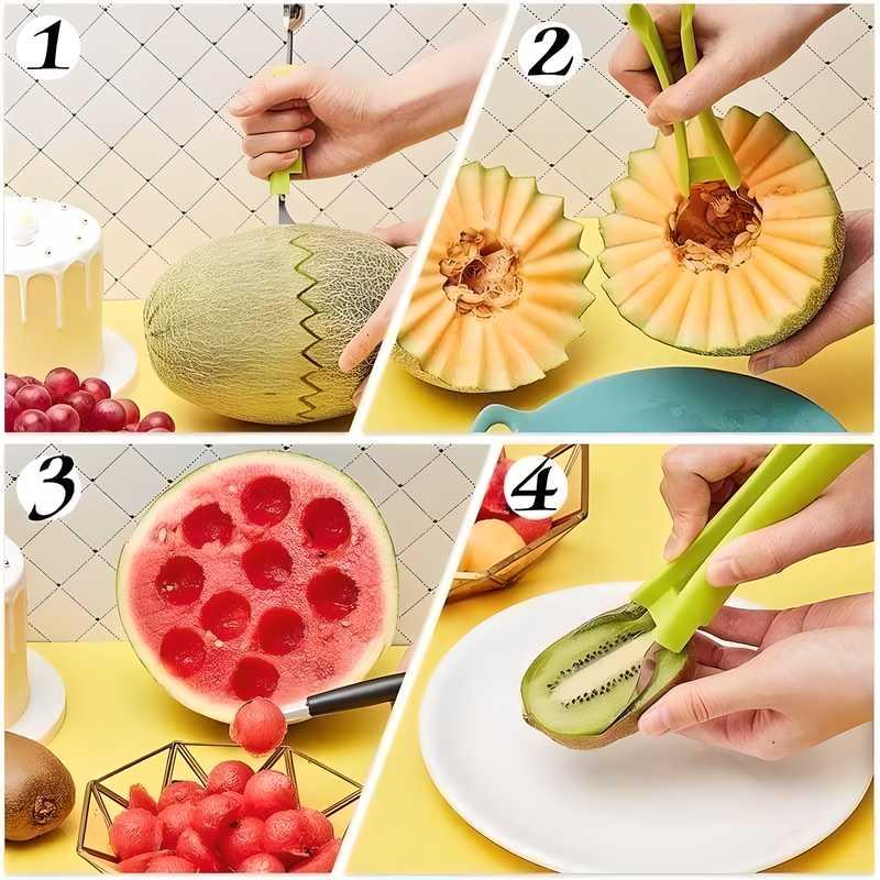 Multicolor stainless steel 4-in-1 watermelon cutter from 18075, featuring multiple slicer and grater options for fruit prep.